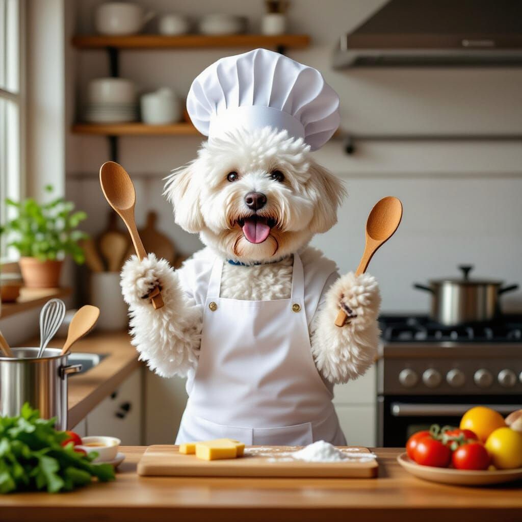 Dog Chef Cooking in Cozy Kitchen, Digital Art