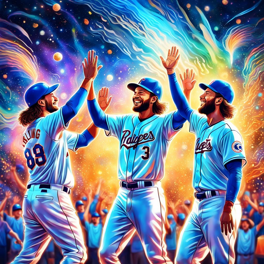 Baseball Players Celebrate Victory in Astral Illustration