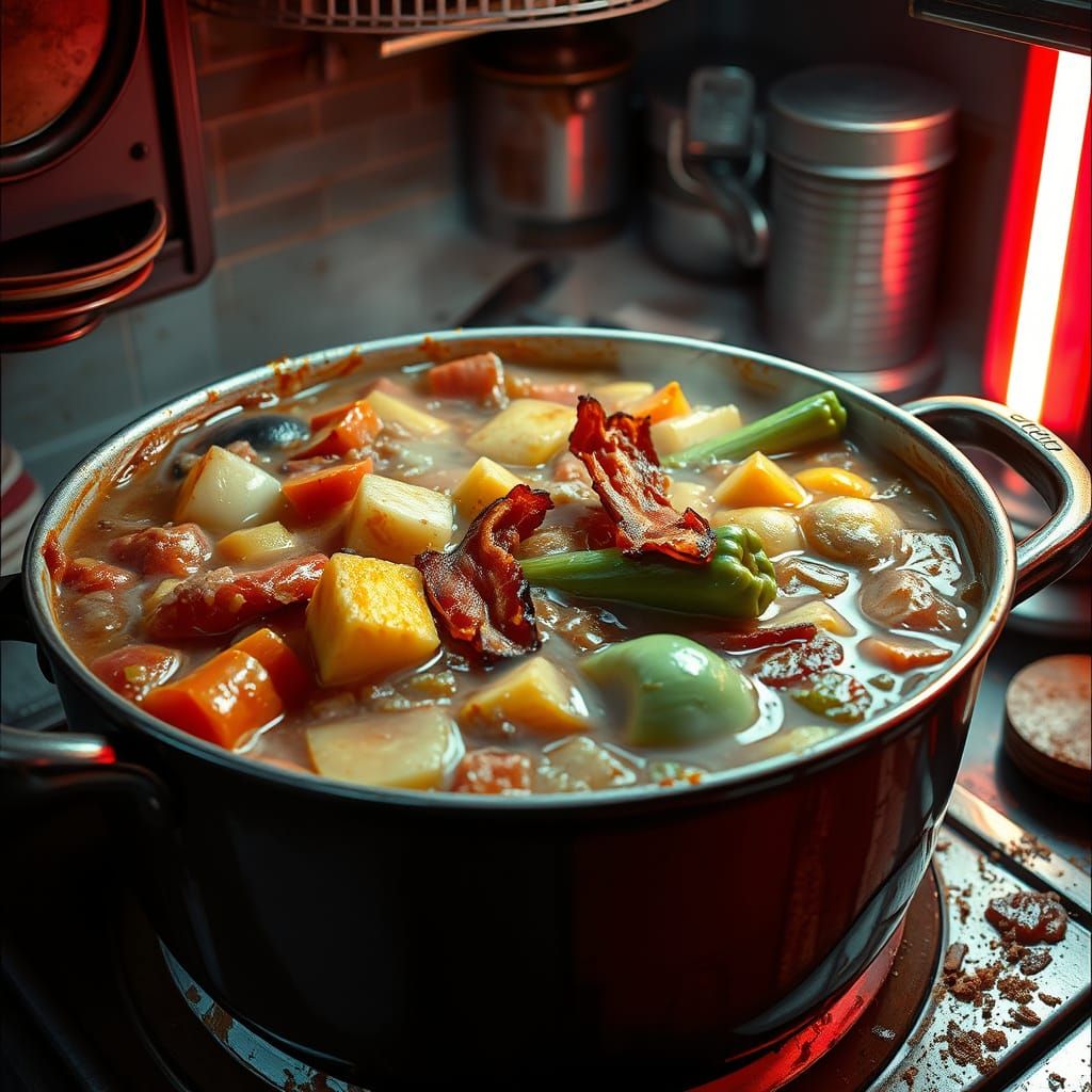 Retro Kitchen Stew: Dark Humor and Industrial Decay