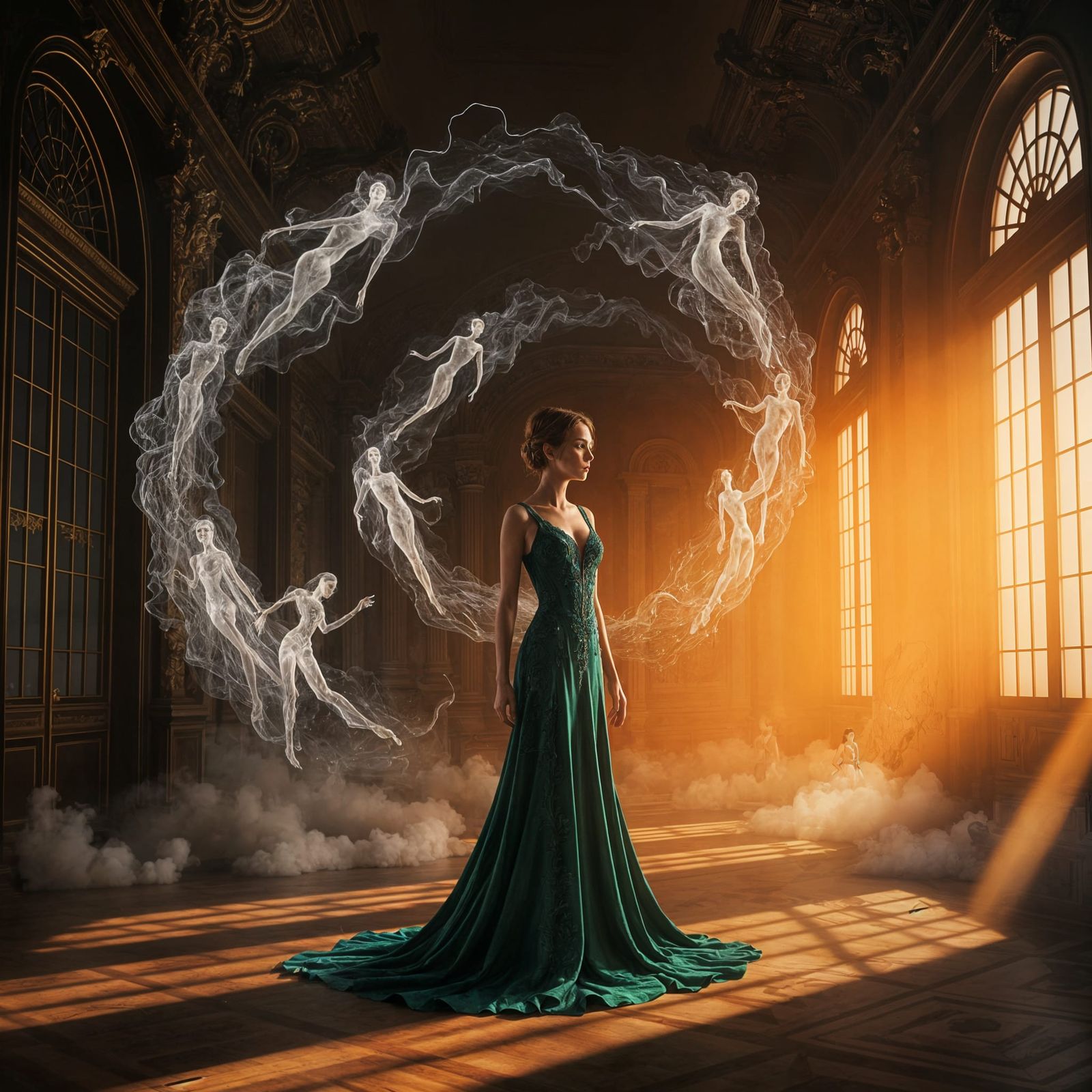 Woman Surrounded by Ethereal Ghosts at New Year's Ball