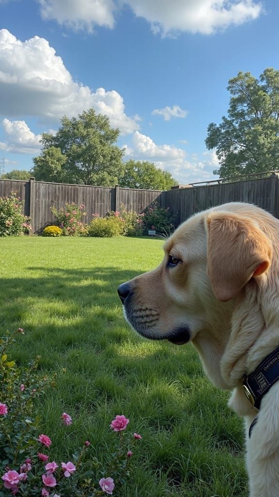 Photorealistic Labrador in Lush Yard as Fabric Art