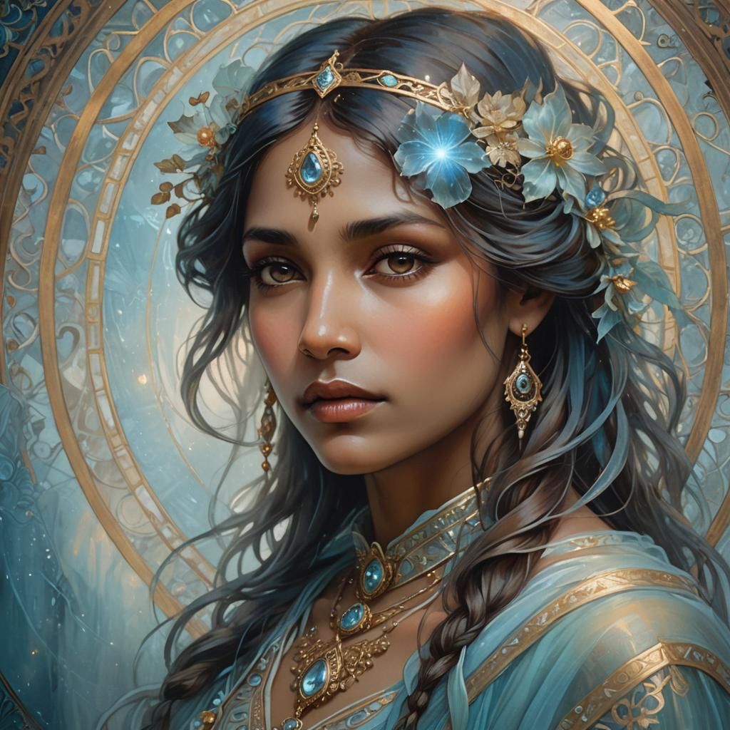 Ethereal Indian Girl Portrait in Alphonse Mucha Style