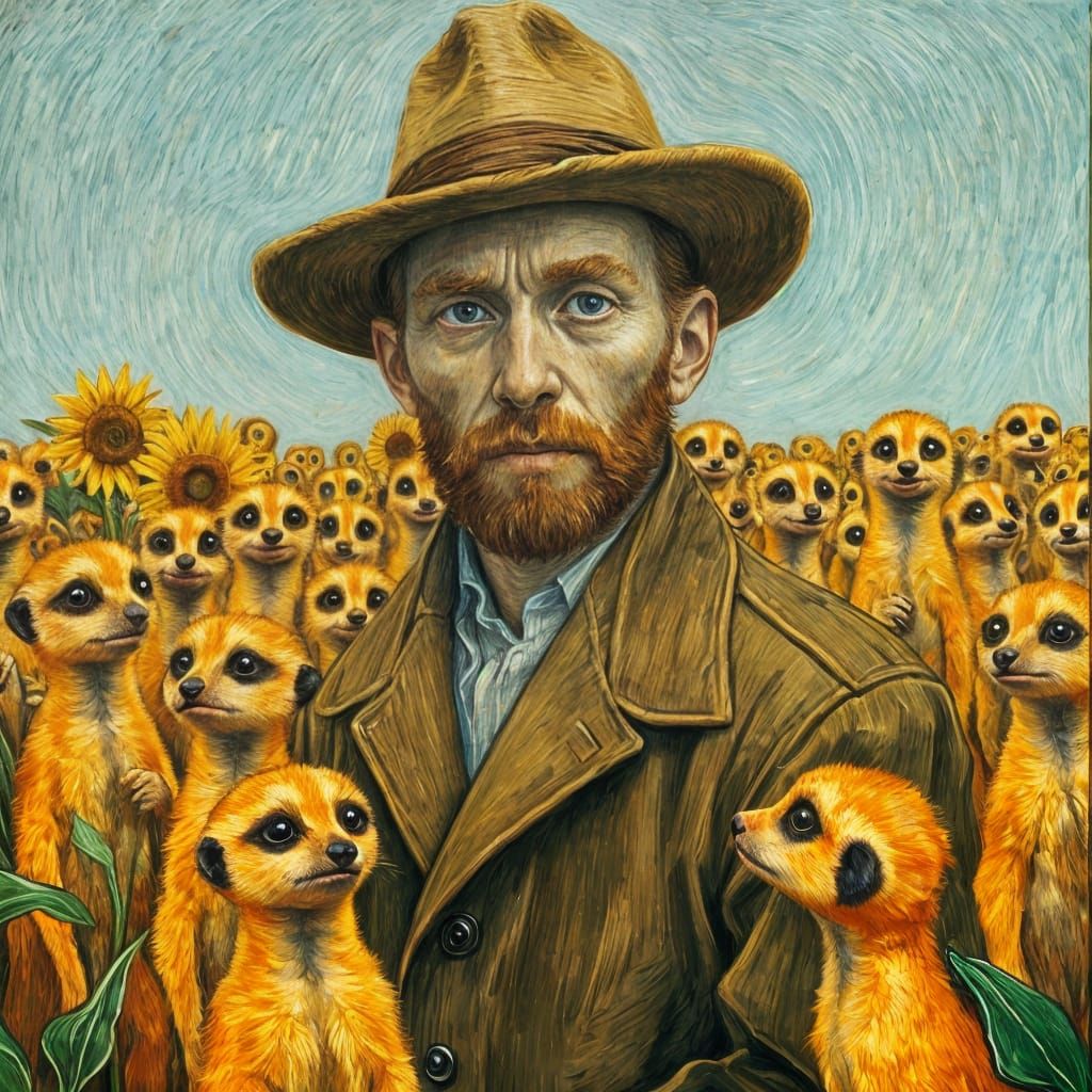 Van Gogh Surrounded by Happy Orange Meerkats