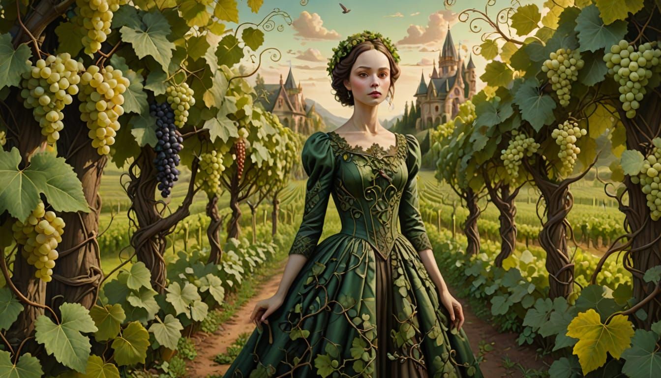 Surreal Vineyard Scene in Whimsical, Fantastical Style