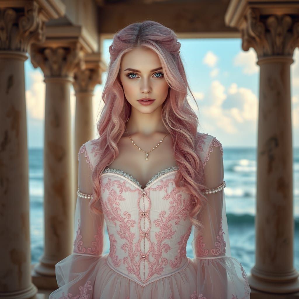 Enchanting Woman with Pink Hair and Pearls