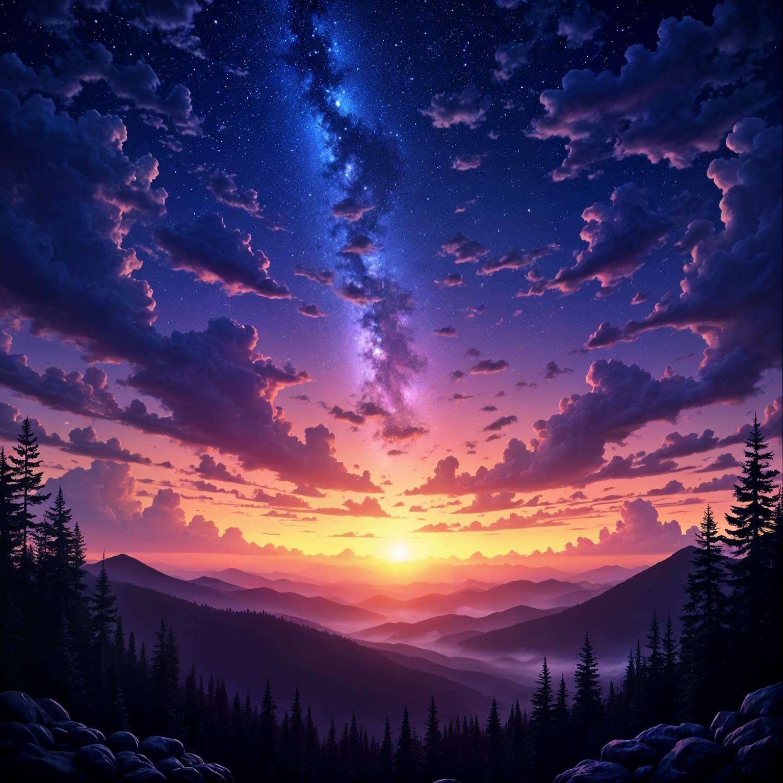 Sunset Landscape with Celestial Night Sky