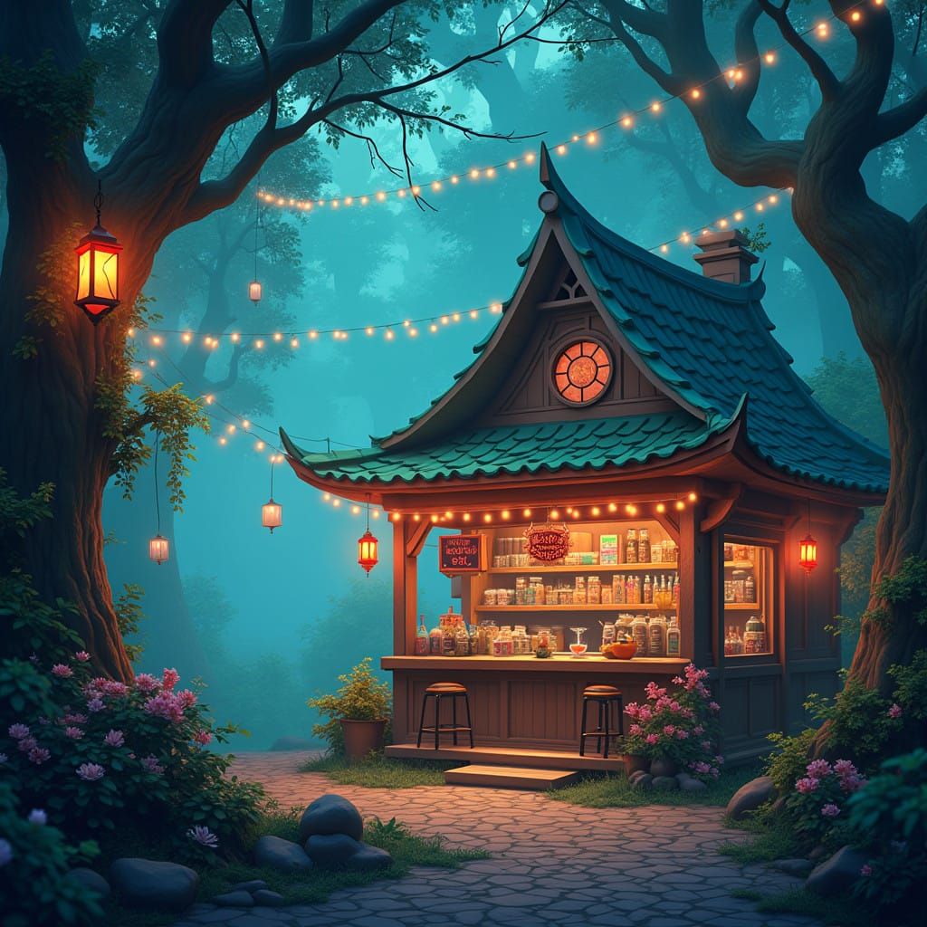 Enchanted Boba Shop Amidst a Mystical Forest