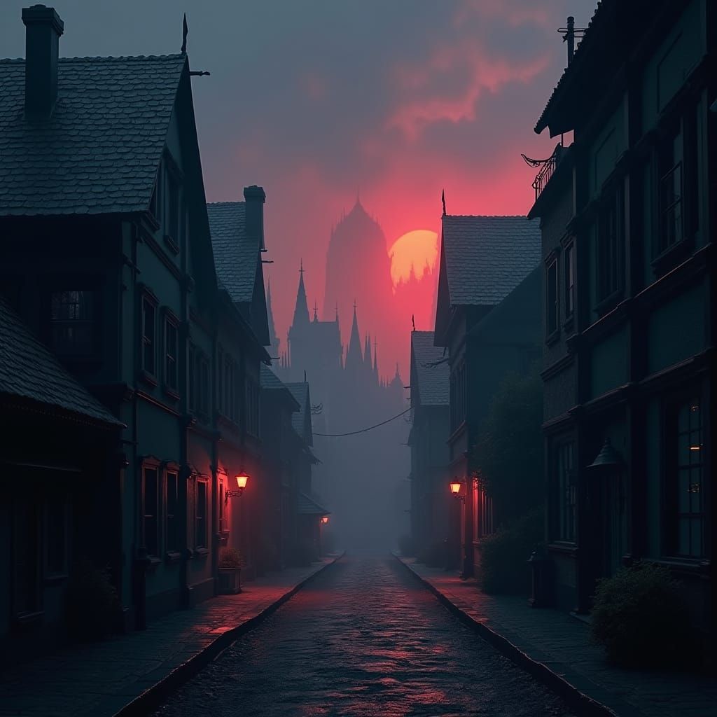 Gothic Cityscape at Dusk: Fantasy Concept Art