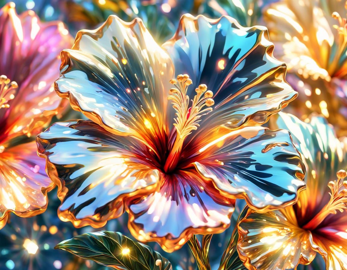 Sparkling Crystal Hibiscus Flowers in Oil Painting Style