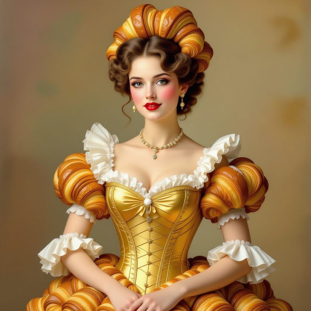 Victorian Noblewoman Adorned with Croissants in Painterly St...
