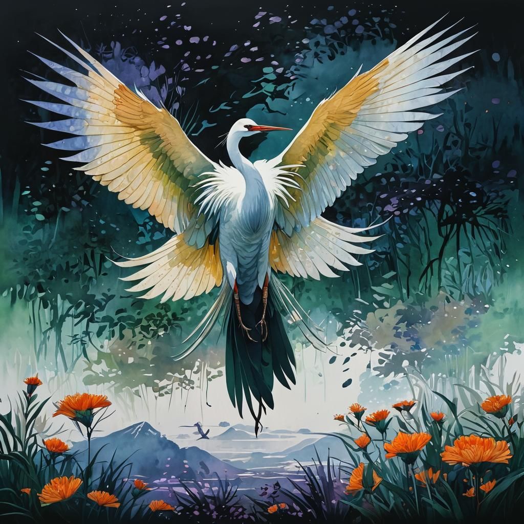 Watercolor Crane Illustration in Soft, Detailed Style