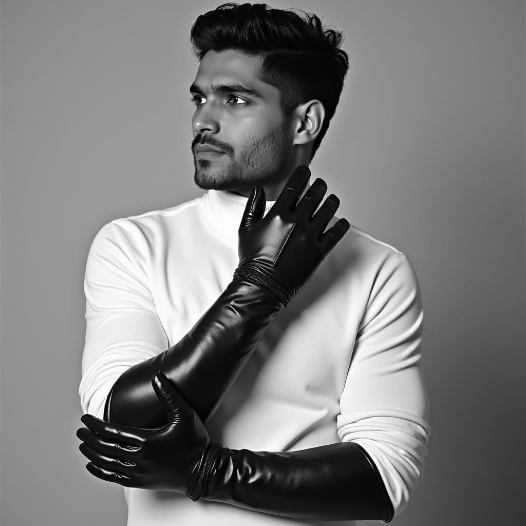 Monochrome Portrait of Man in Turtleneck and Gloves