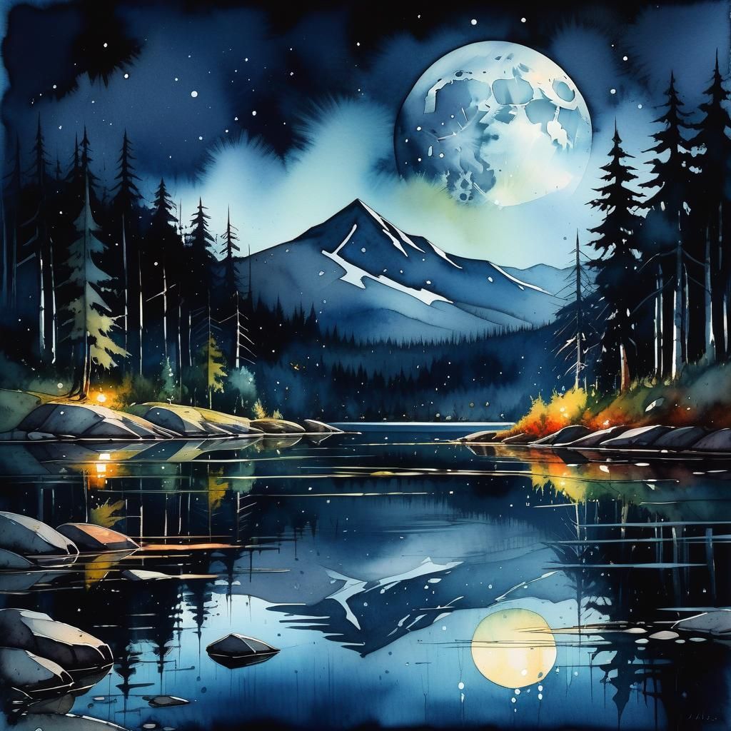 Luminous Stars Reflect on Mountain Lake in Watercolor