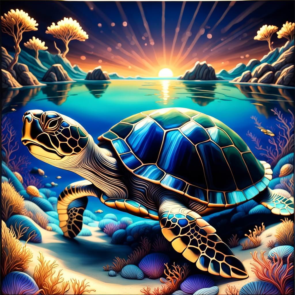3D Glass Turtle in Dream Ocean Landscape