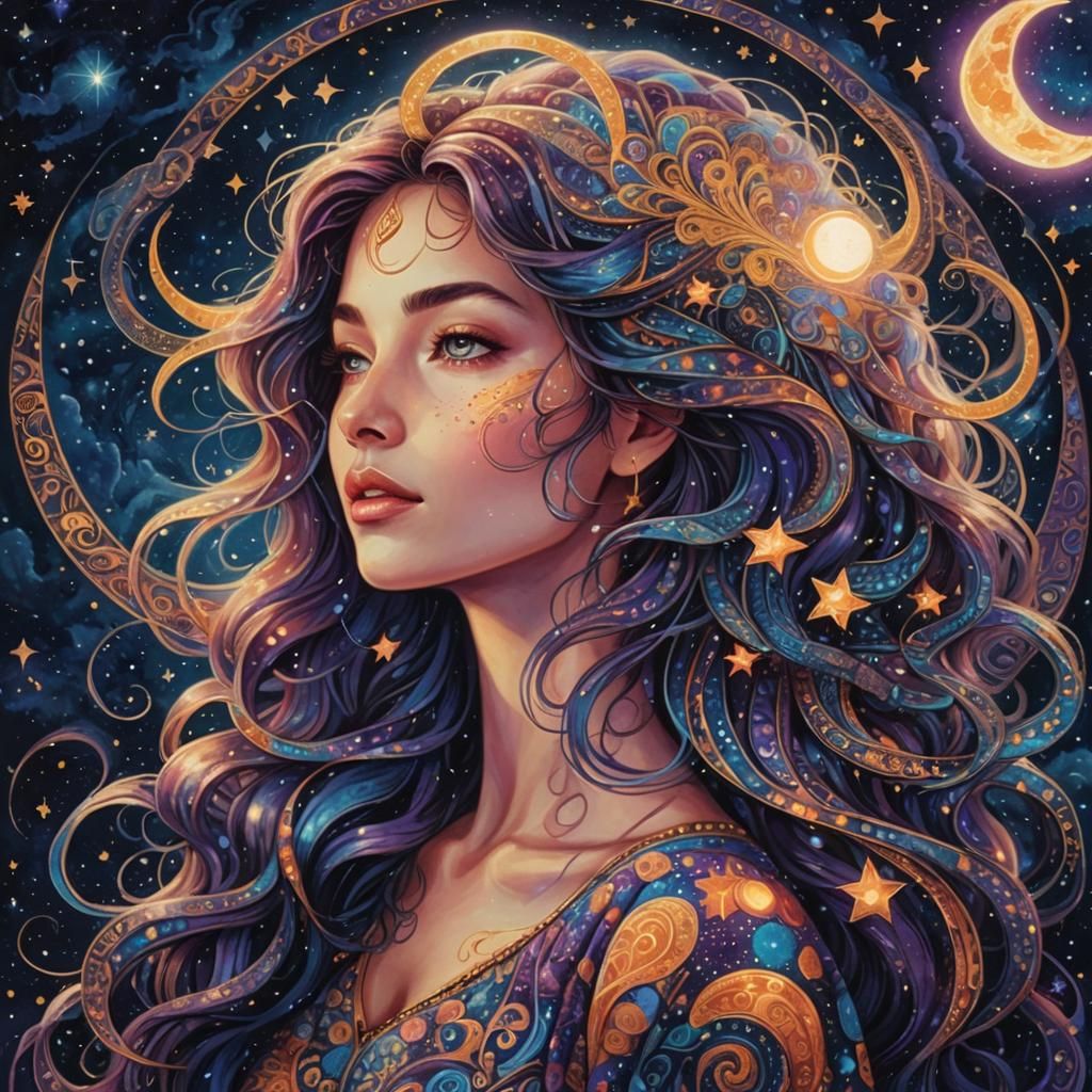 Woman with Glowing Moon in Cosmic Paisley Sky