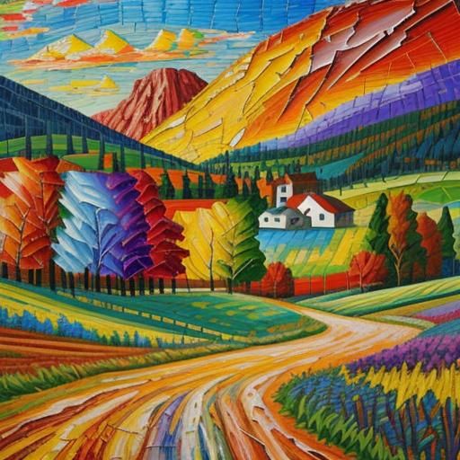 Rustic Mosaic Landscape in Expressionist Oil Painting Style