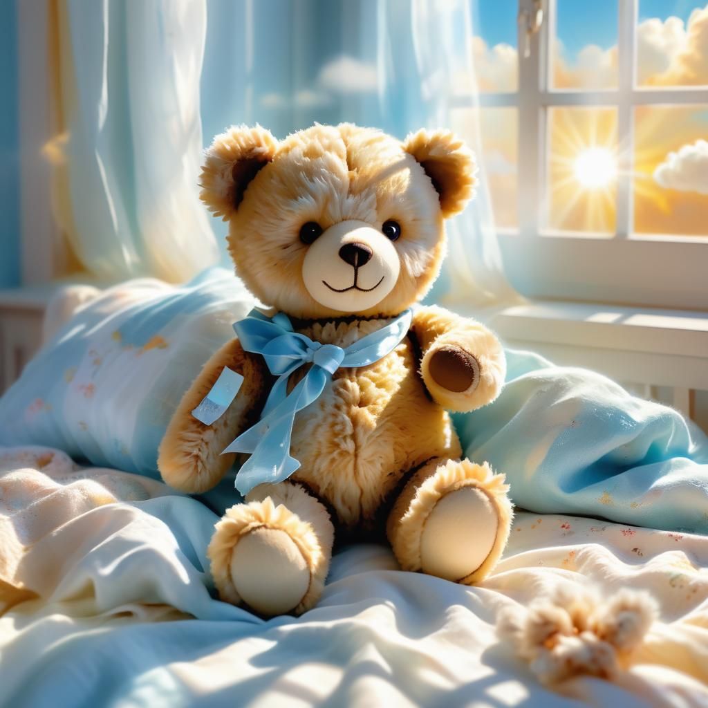 Teddy Bear in Sunny Window: Whimsical Digital Art