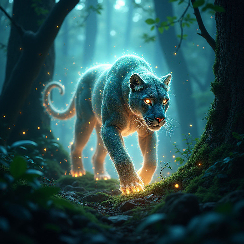 Luminous Panther Glides Through Primeval Forest