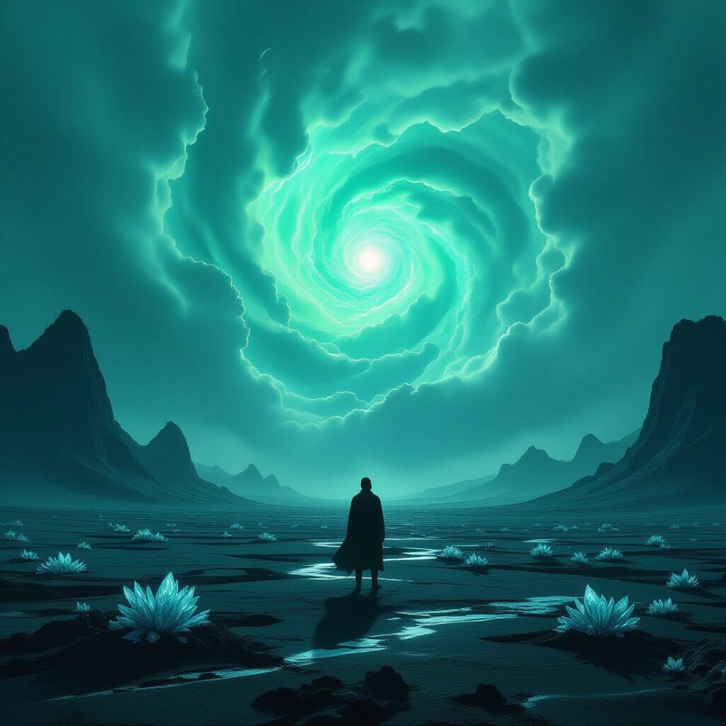 Alien Landscape Under Emerald and Sapphire Nebulae