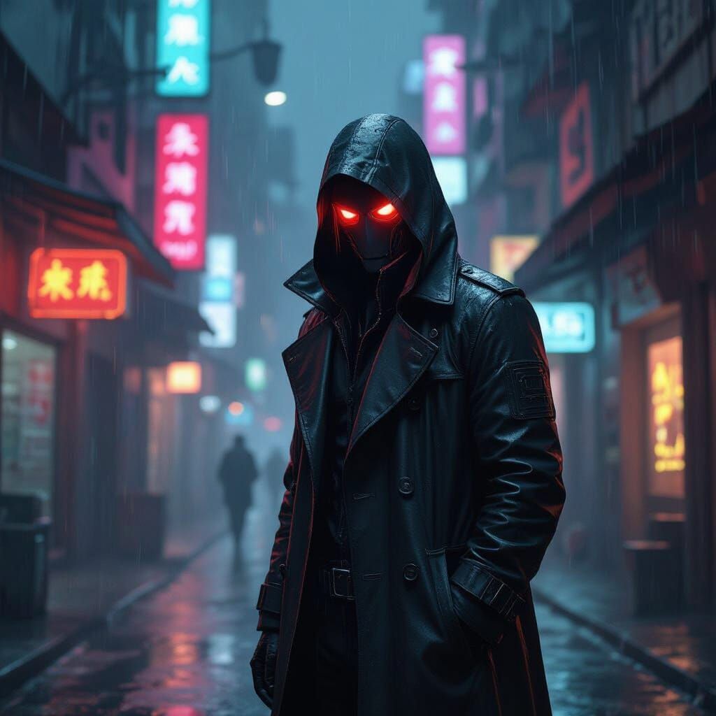 Cyberpunk Detective in Rain-Soaked Alleyway