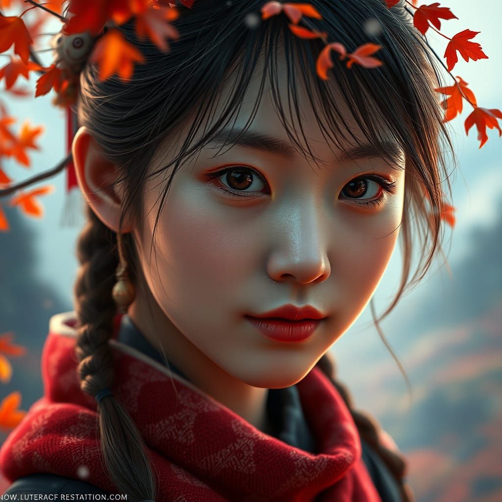 Korean Girl Portrait in Autumn Valley: Fantasy Concept Art
