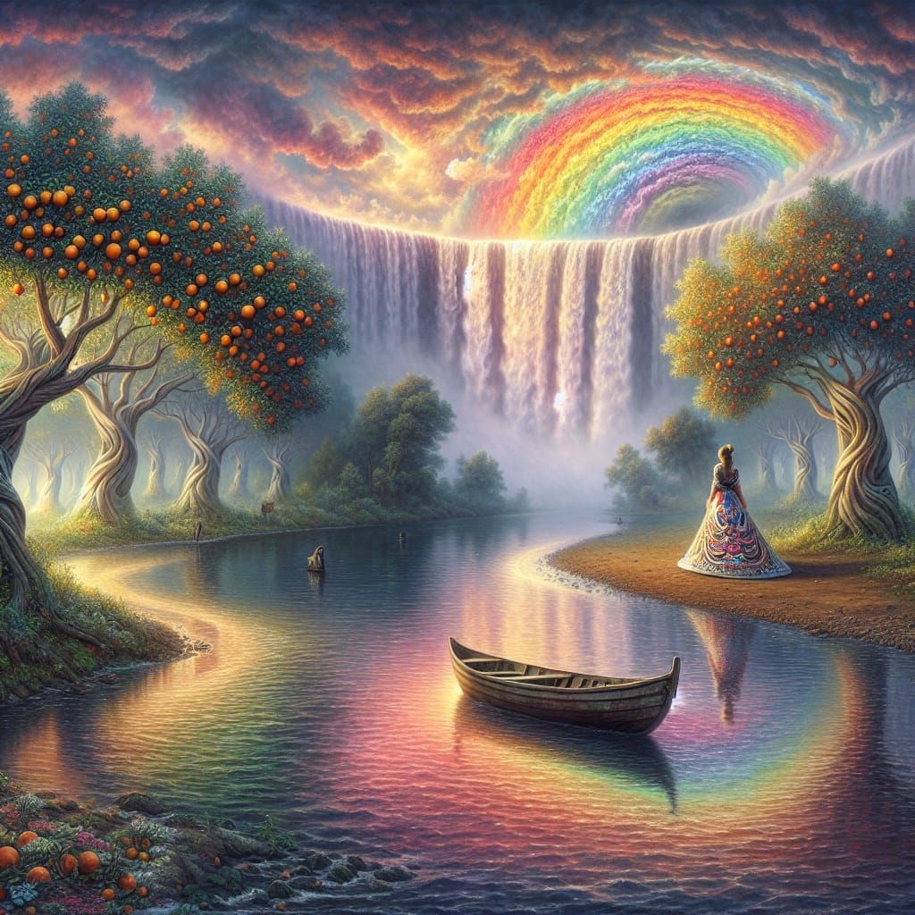 Enchanted River Scene with Rainbow Waterfall