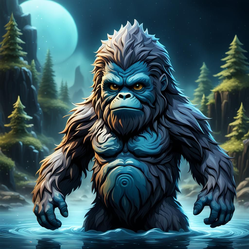 Detailed Chibi Water Sasquatch Fantasy Art