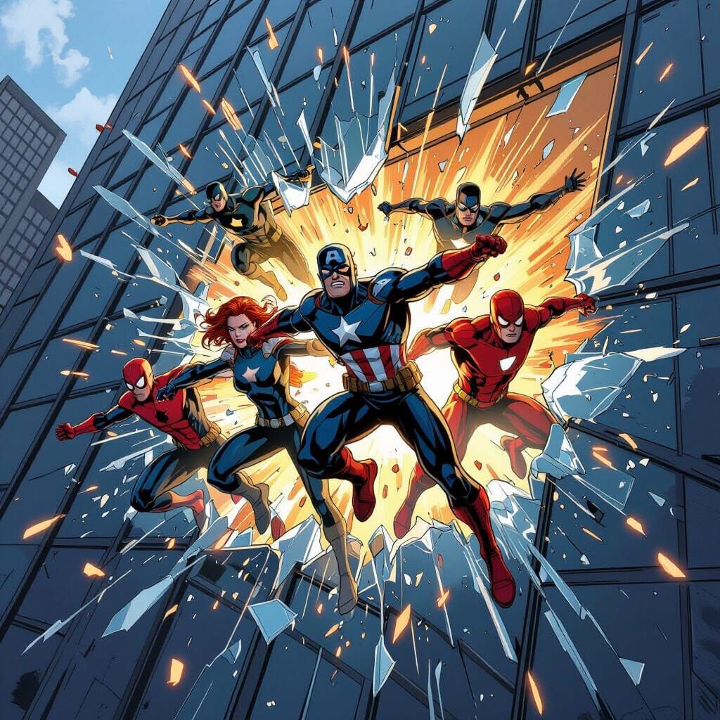 Marvel Heroes Bursting Through Skyscraper Window