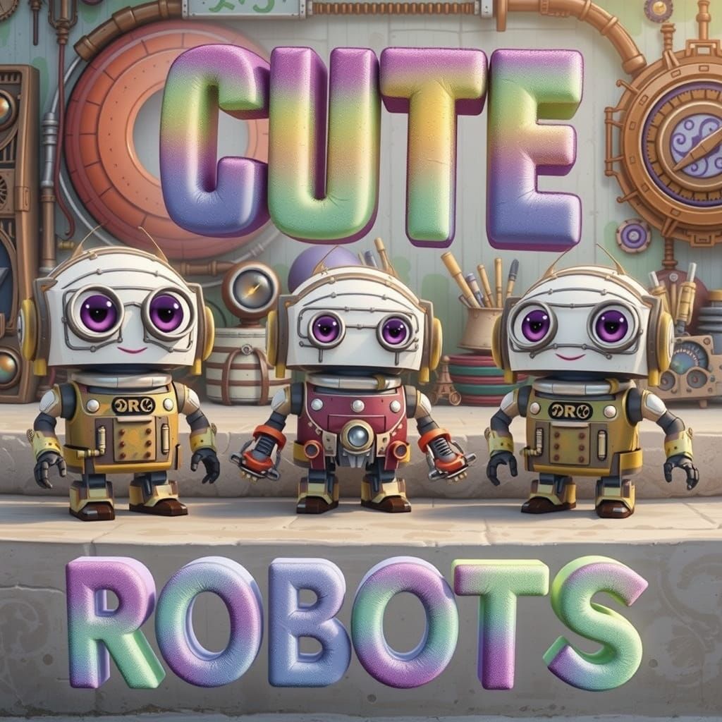 In a fantastical, futuristic world bathed in warm hues, three adorable little robots with big round eyes stand against a...