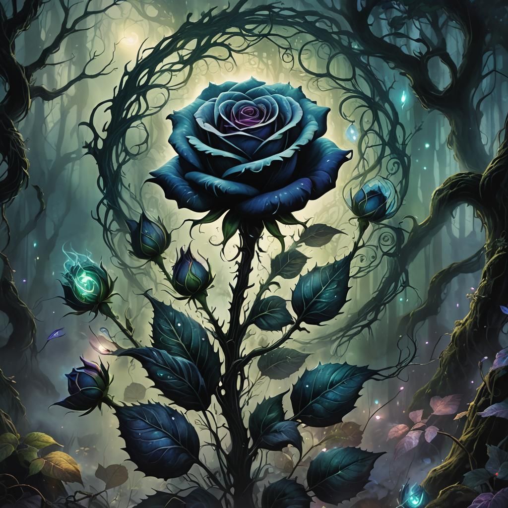 Mystical Black Rose in Forest, Art Nouveau Ink