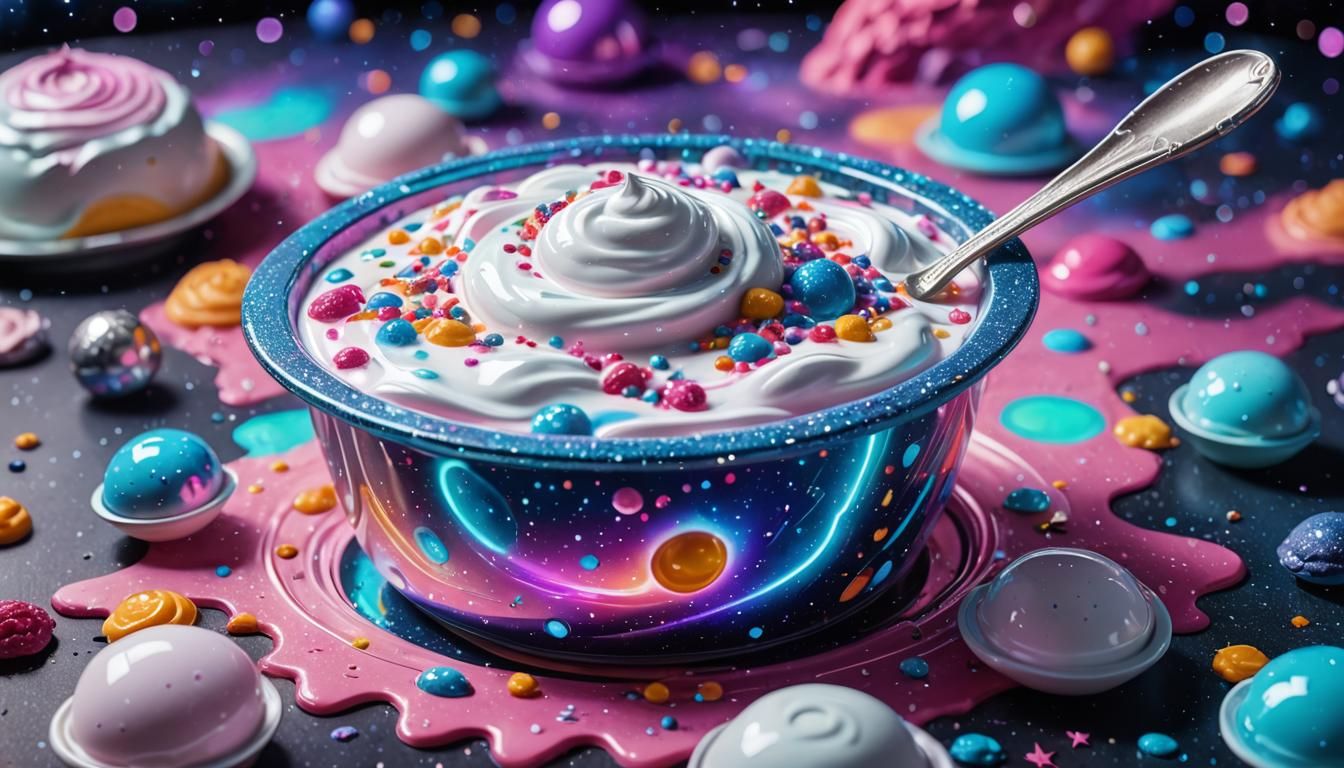 Cosmic Spaceship Yogurt Tub in Holographic Illustration