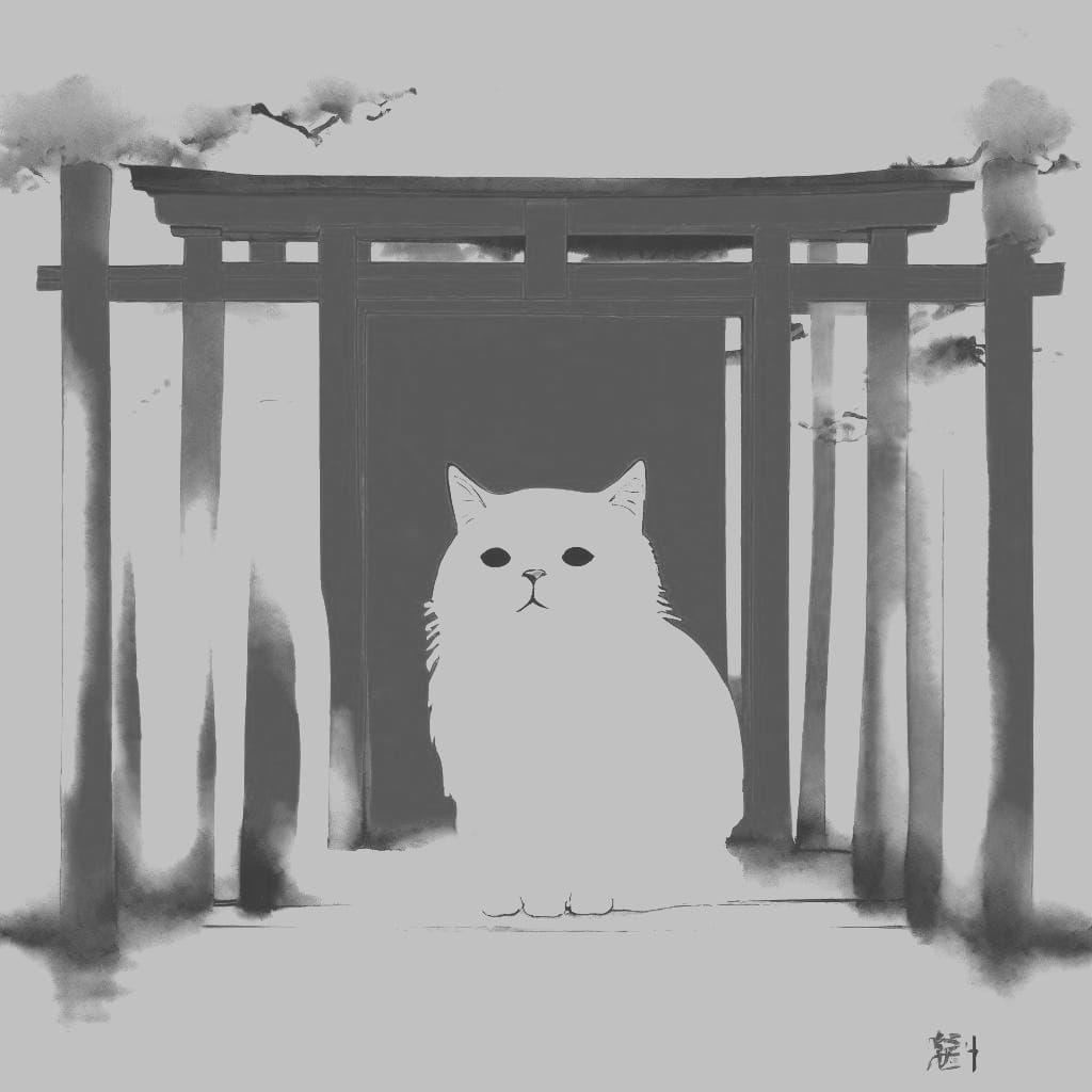 Minimalist Japanese Ink Painting of White Cat