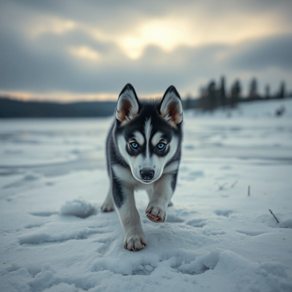 Husky Puppy in Winter Wonderland Scene