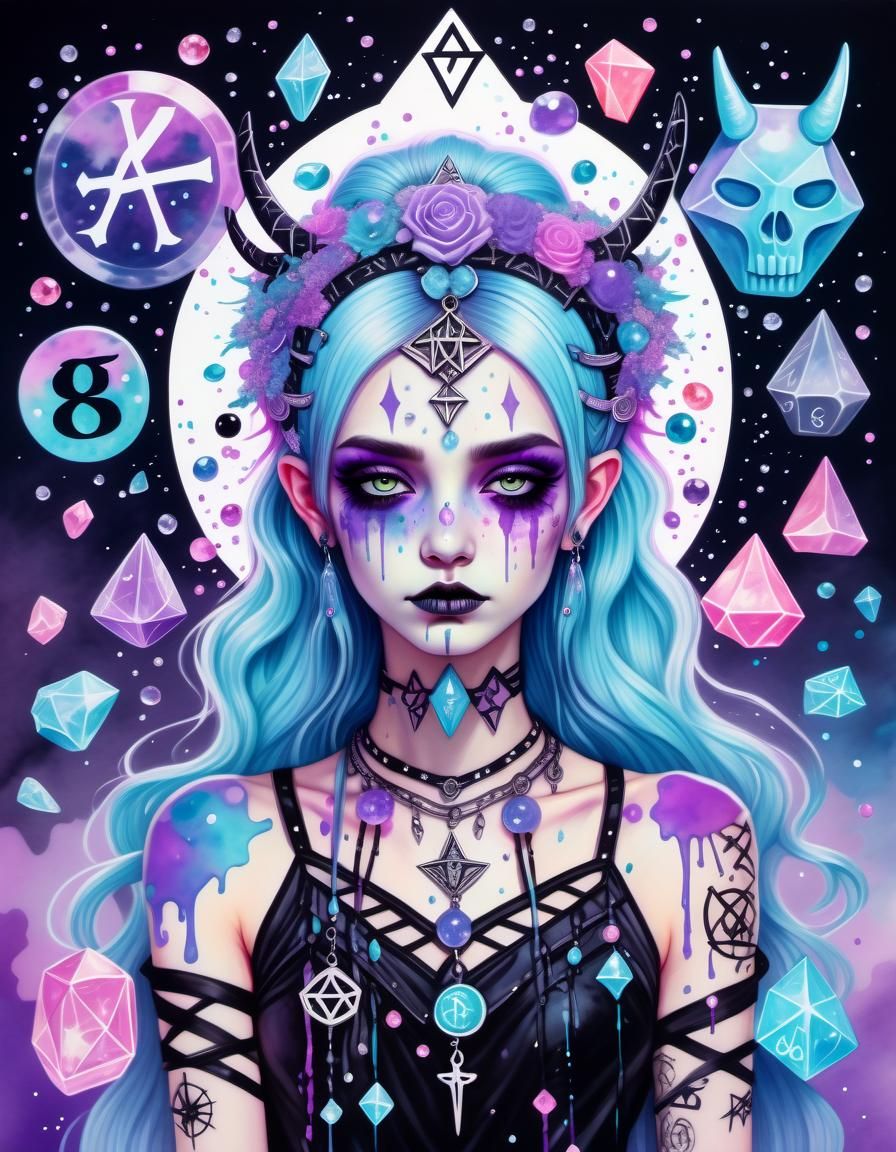 Goddess Surrounded by Crystals in Pastel Goth Style