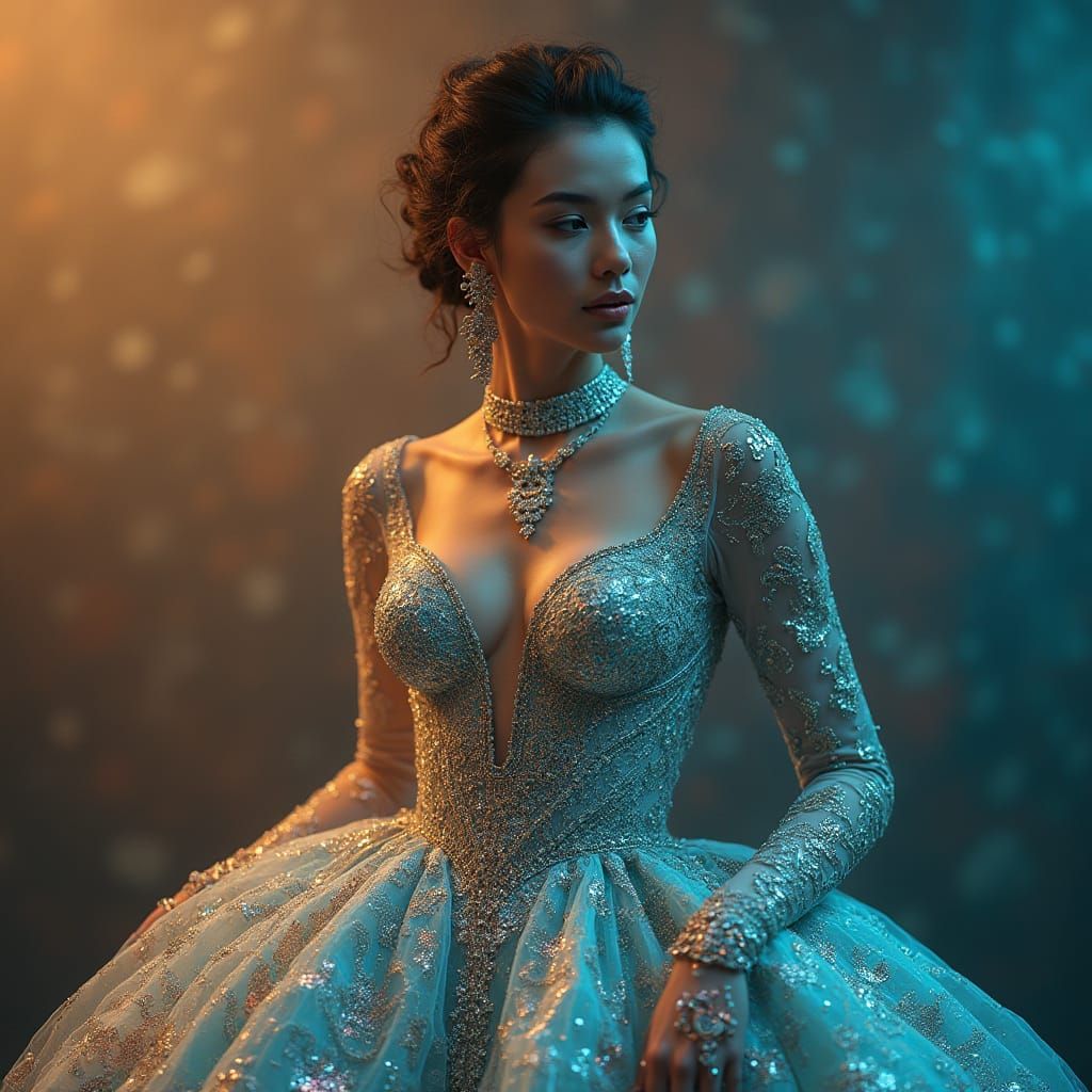 Futuristic Woman in Iridescent Gown: 8k Resolution