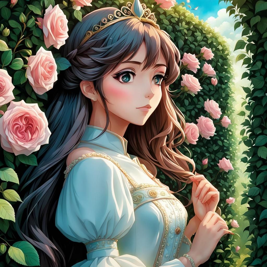Anime Princess Hiding in Rose Hedge