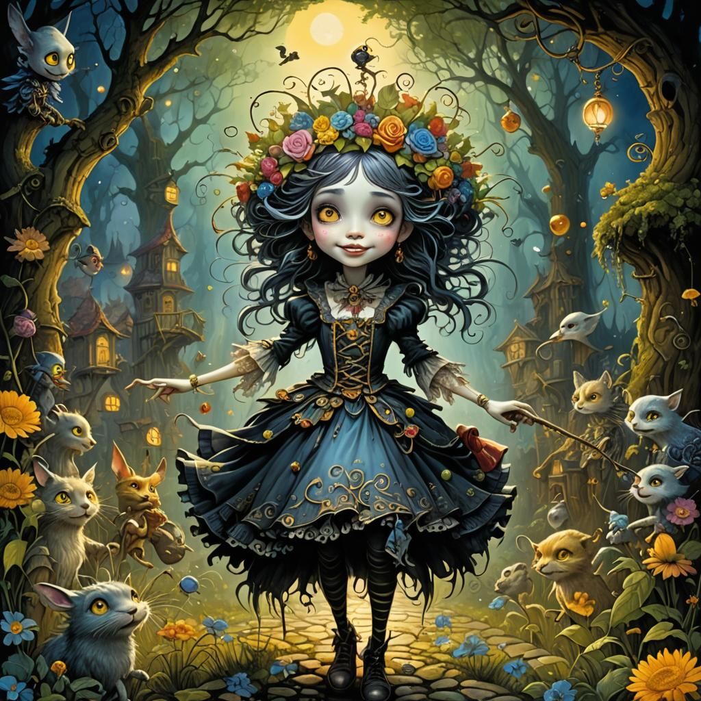 Whimsical Dark Fantasy Masterpiece with Deep Background