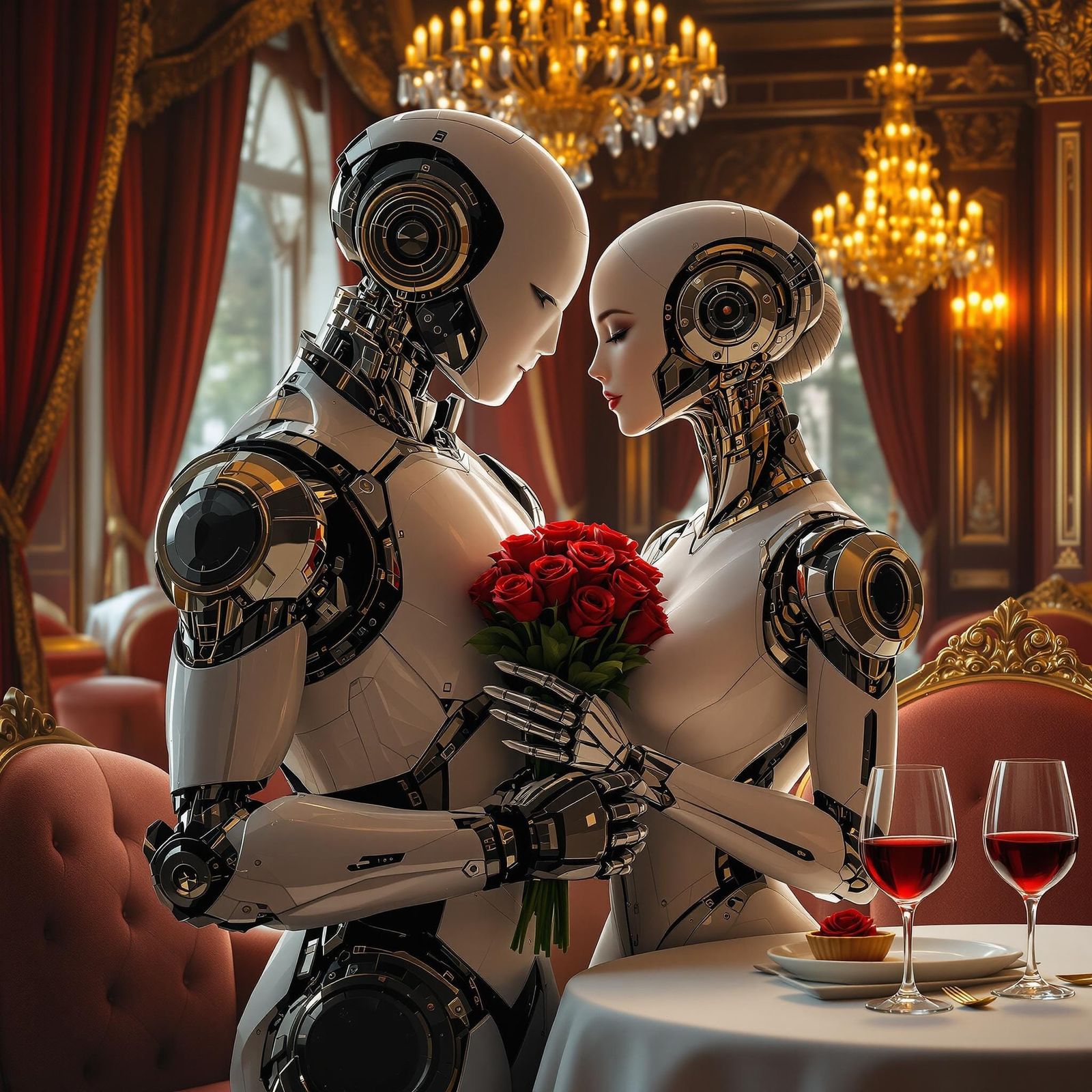 Robotic Couple in Elegant French Restaurant