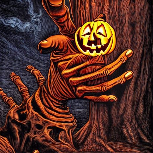 Skeleton Hand Emerges from Jack-o'-Lantern in Photorealism