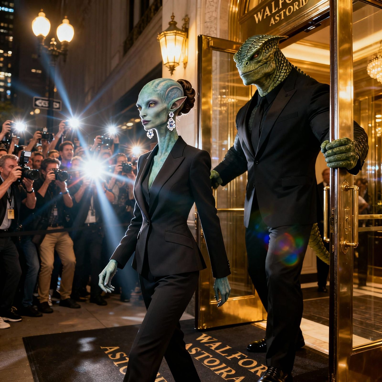Elegant Alien Businesswoman Arrives at Waldorf Astoria