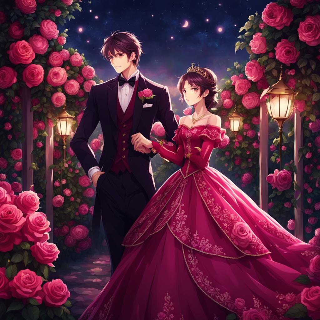 Anime Princess and Prince in Rosy Rose Garden