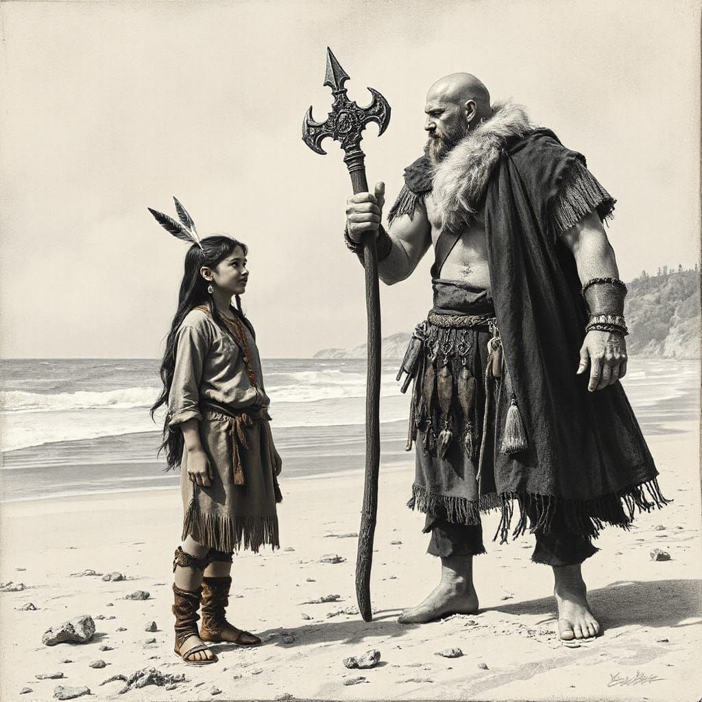 Viking Meets Native Girl on Beach, Charcoal Drawing