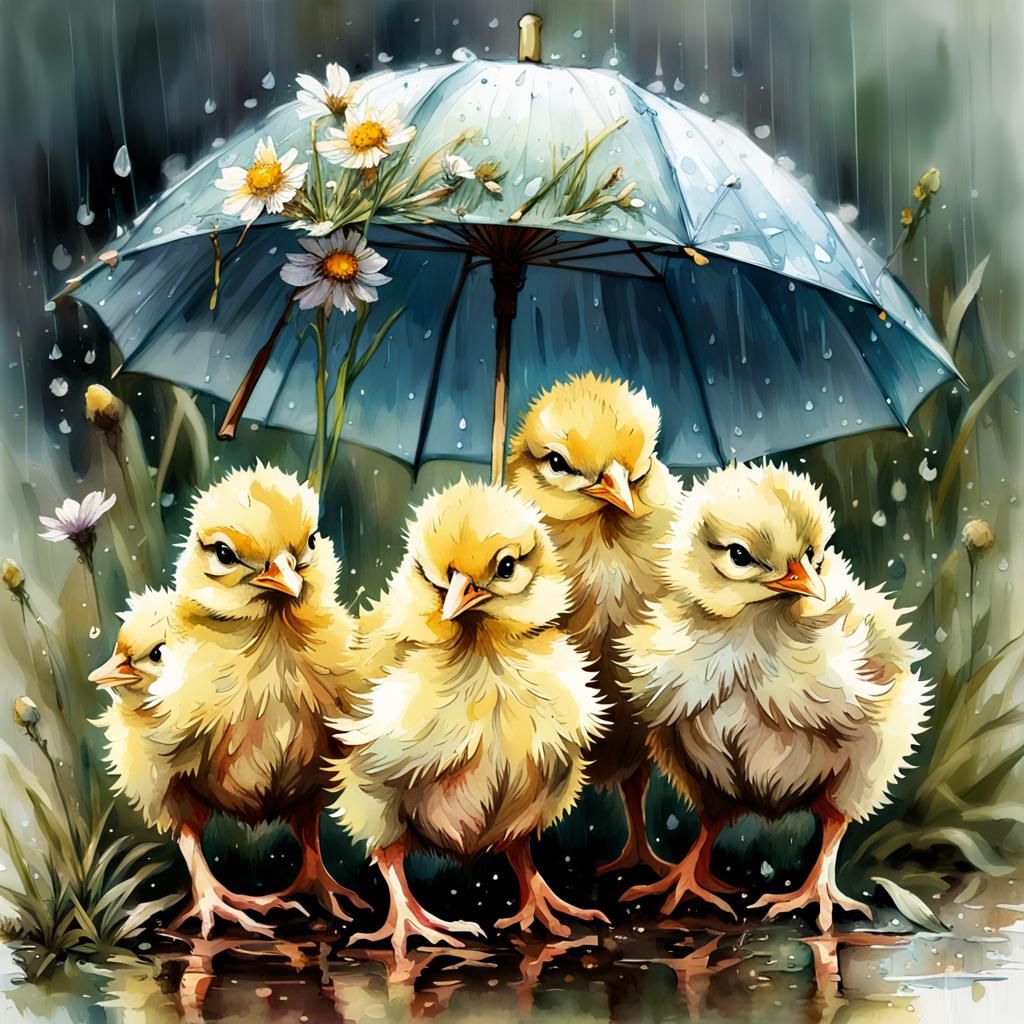 Charming Chicks in Rainy Watercolor Meadow