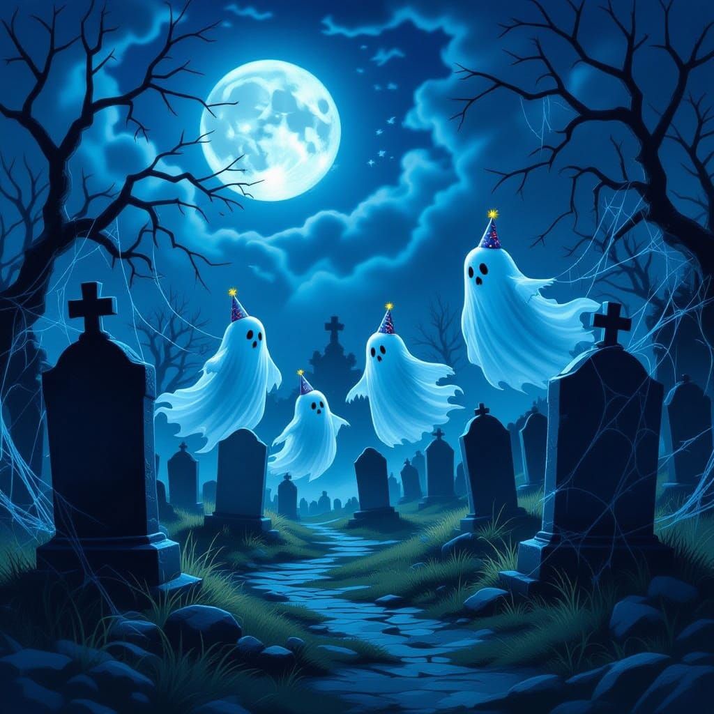 Spooky Ghost Birthday Party in Moonlit Cemetery