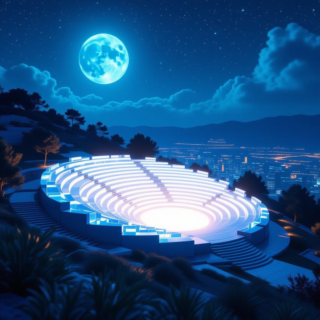 Ethereal Crystal Amphitheater Under Aqua Moon
