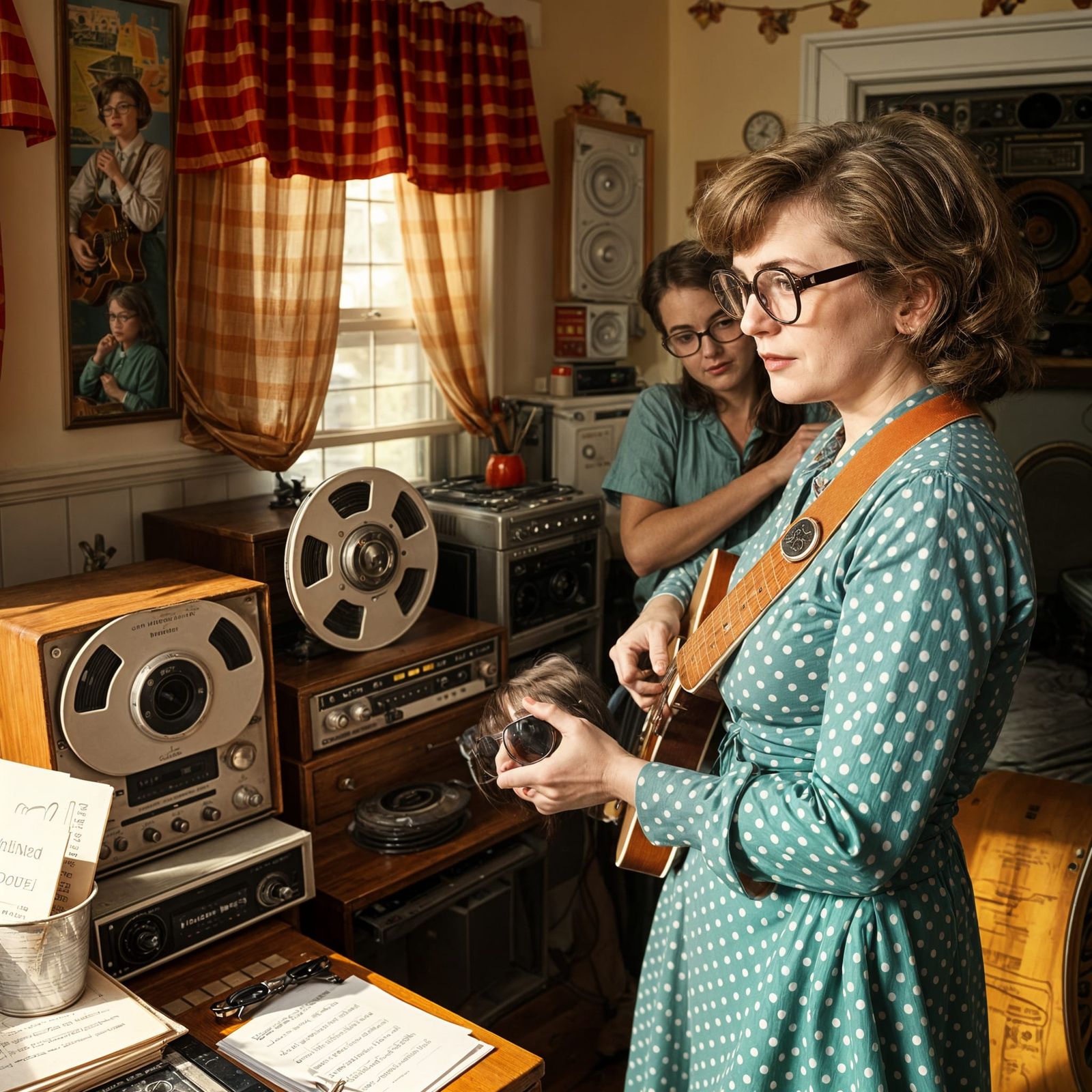 Vintage Singer Records in 1950s New York Kitchen