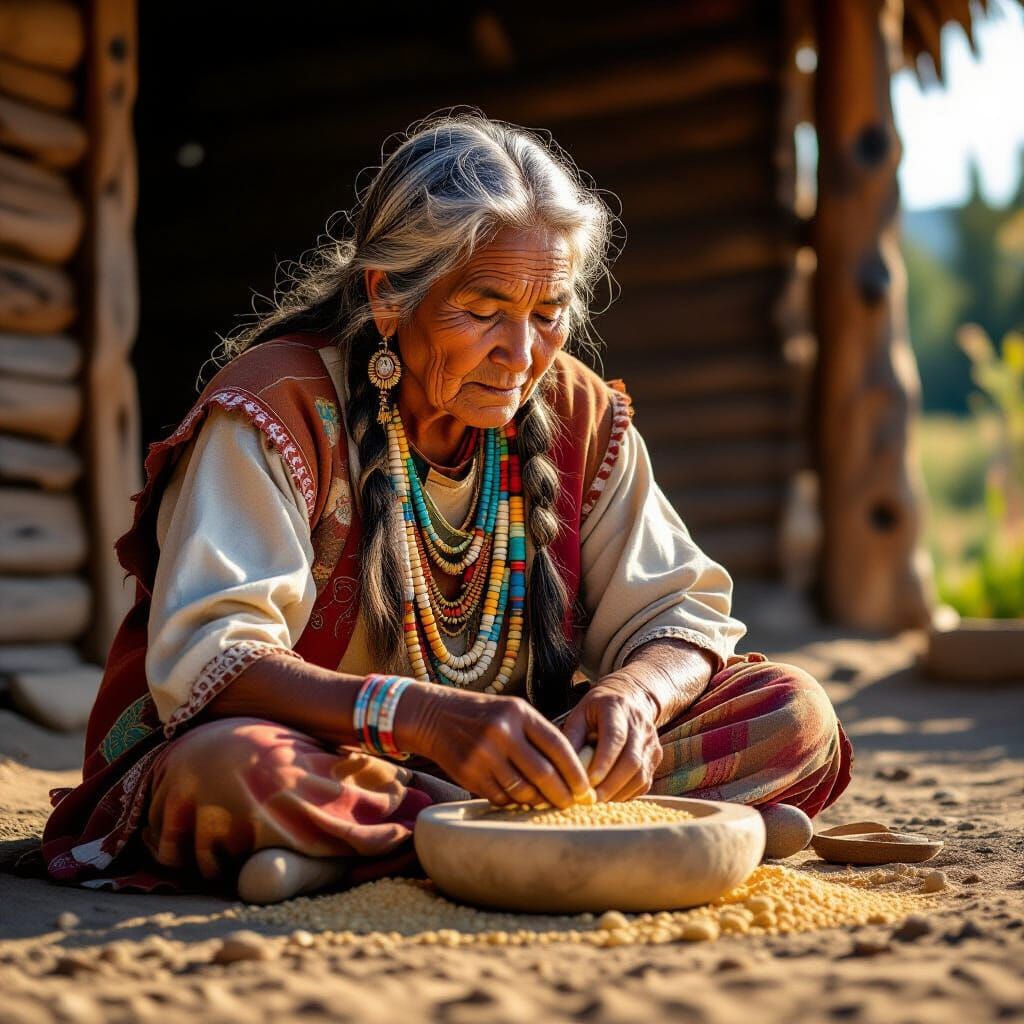 Native American Woman Grinding Corn: Digital Portrait