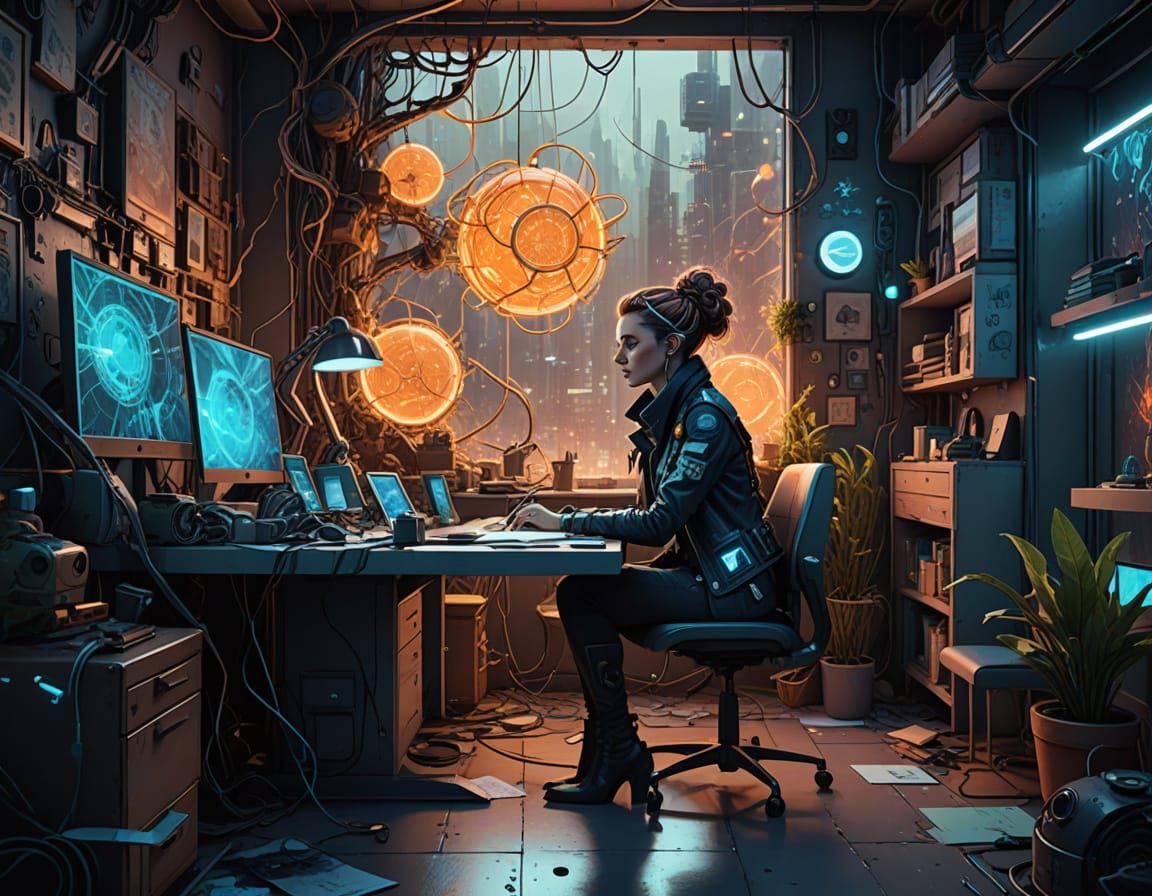 Young Business Woman in Futuristic Office Setting