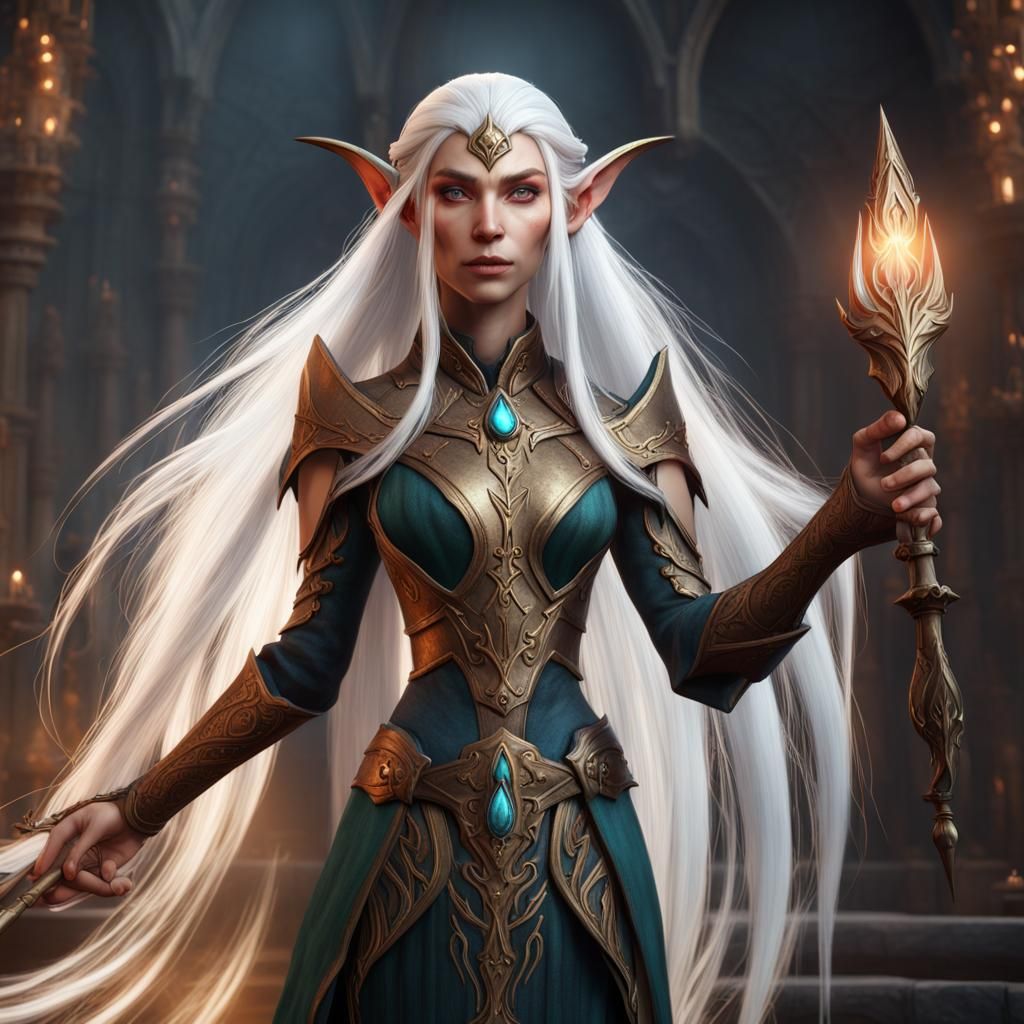 Eladrin Elf Wizard with Wand in Fantasy Art Style