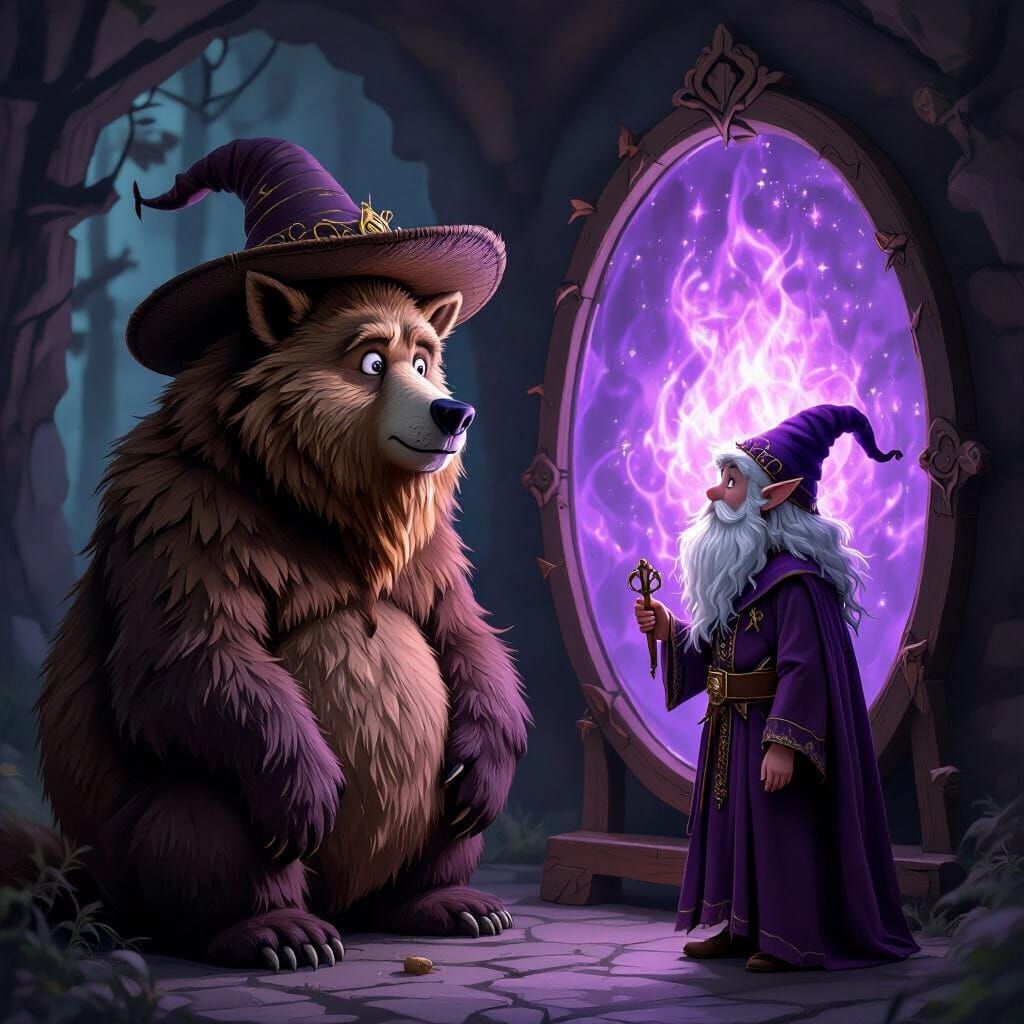 Bear and Elf Bard in Dimly Lit Elven Hall